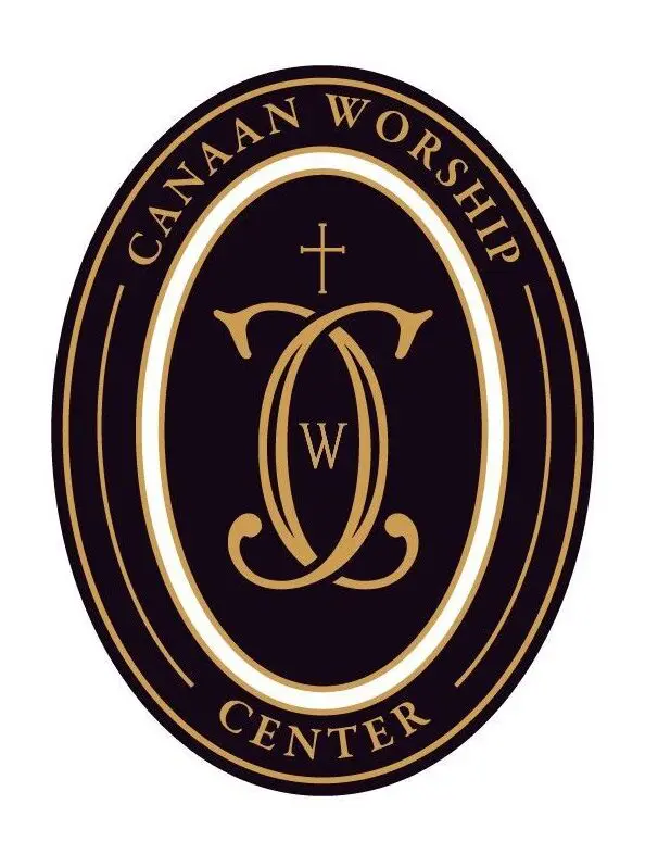 A black and gold logo for canaan worship center.